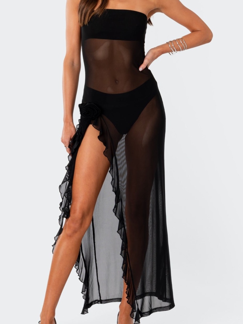 NWT Edikted Suri Sheer Mesh Flower Pin Maxi Dress